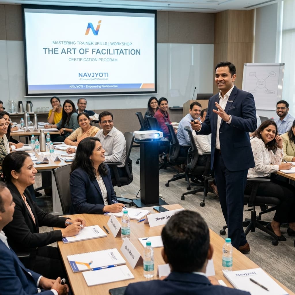 Indian trainer presenting to adult professionals in a workshop
