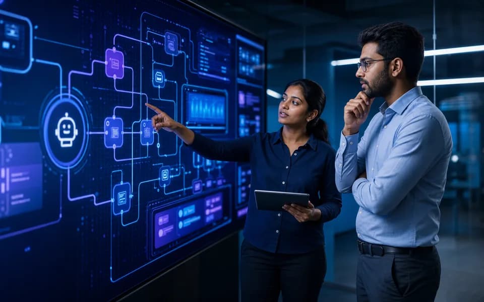 Technology professionals reviewing an AI assistant and automation workflow