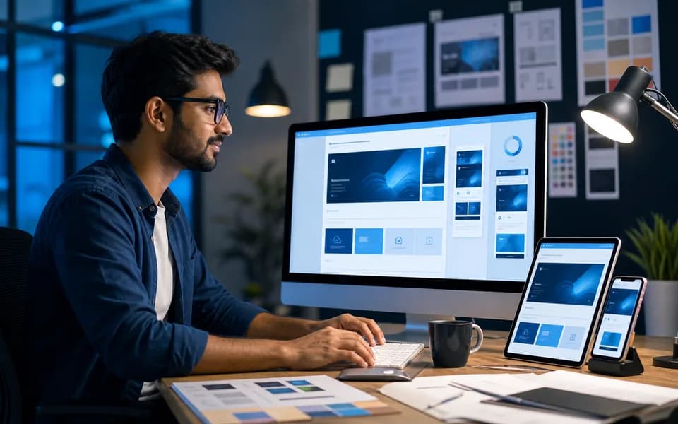 Web designer creating a responsive business website across desktop tablet and mobile