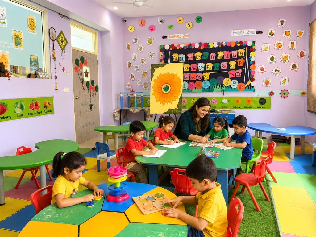 Indian preschool children learning through hands-on activities with a teacher in a bright classroom