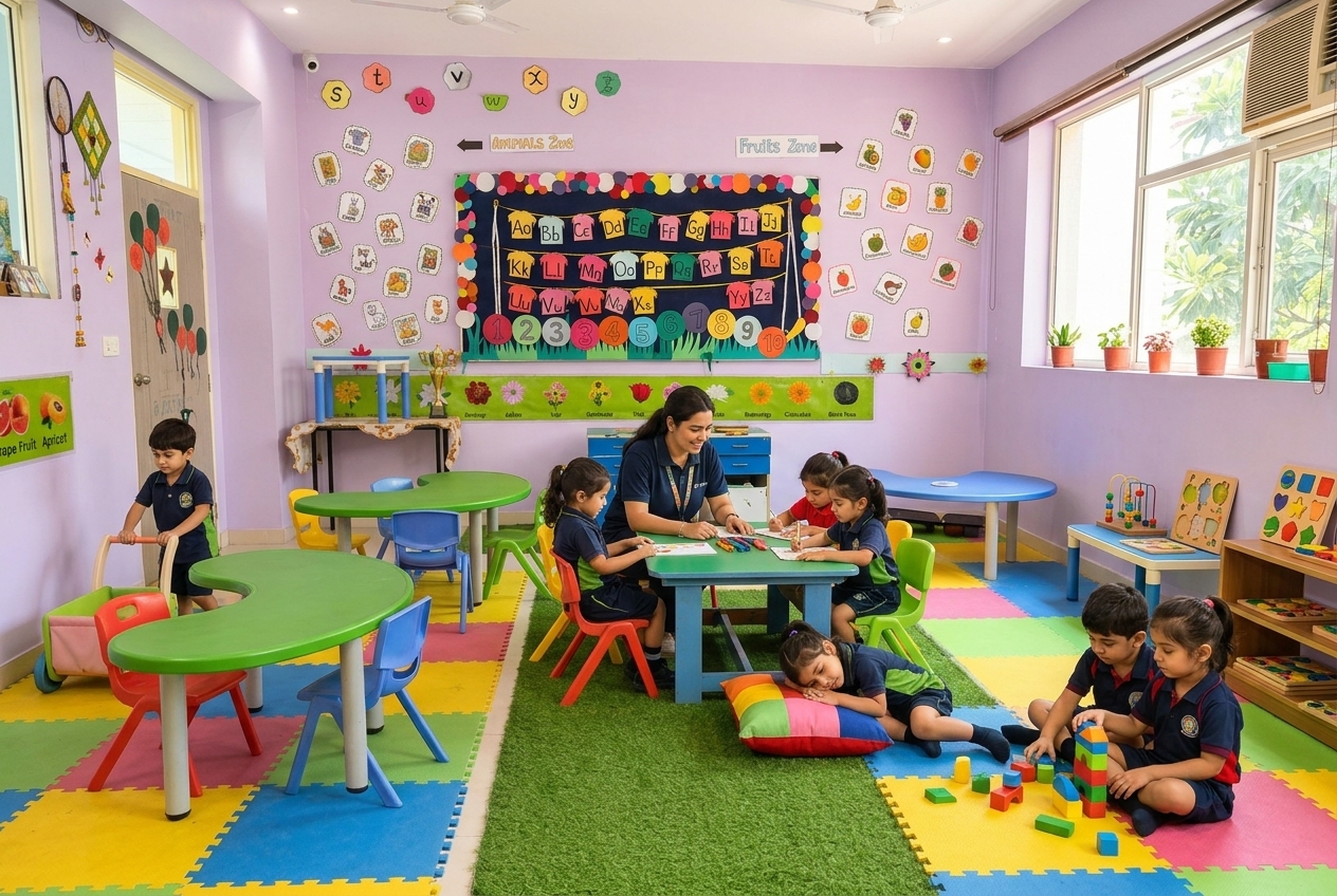 Young children in a warm day-care environment with attentive caregivers