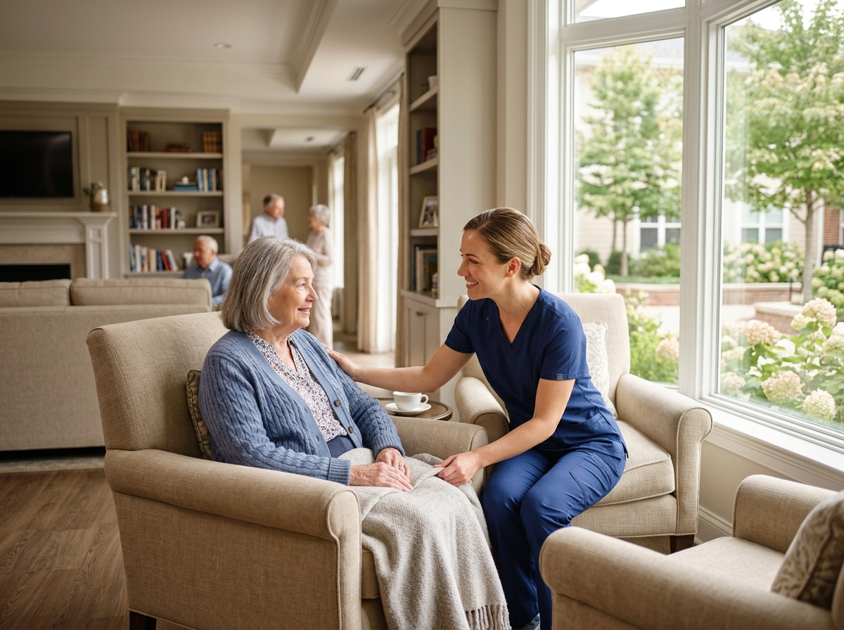 An older adult relaxing comfortably with a caring nurse