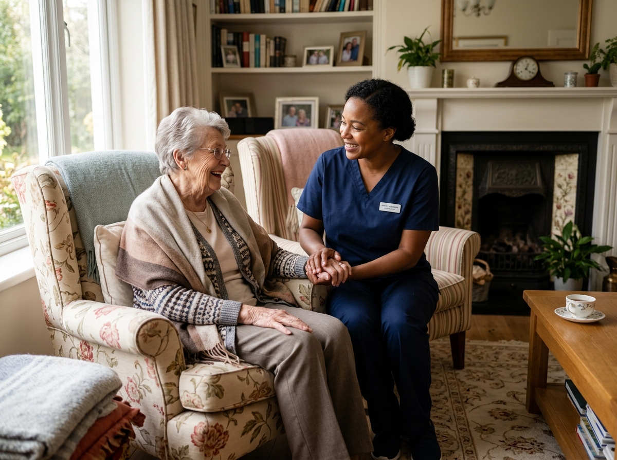 A compassionate professional caregiver assisting an elderly person