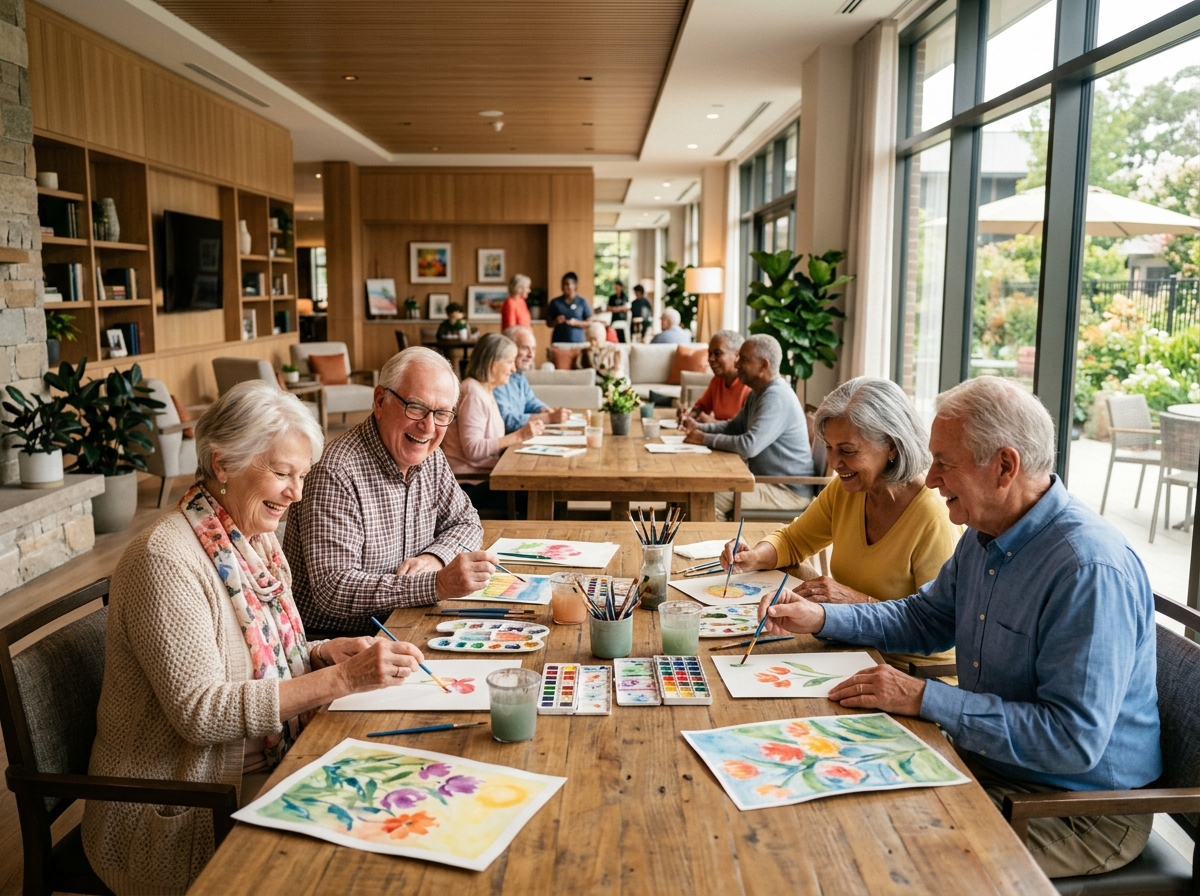 Happy seniors engaging in a community activity in a modern facility