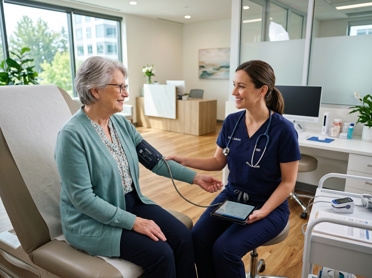 A senior participating in a wellness activity in a modern facility