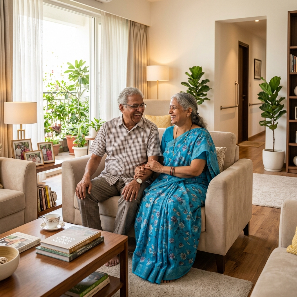 Older adult in a comfortable assisted living room